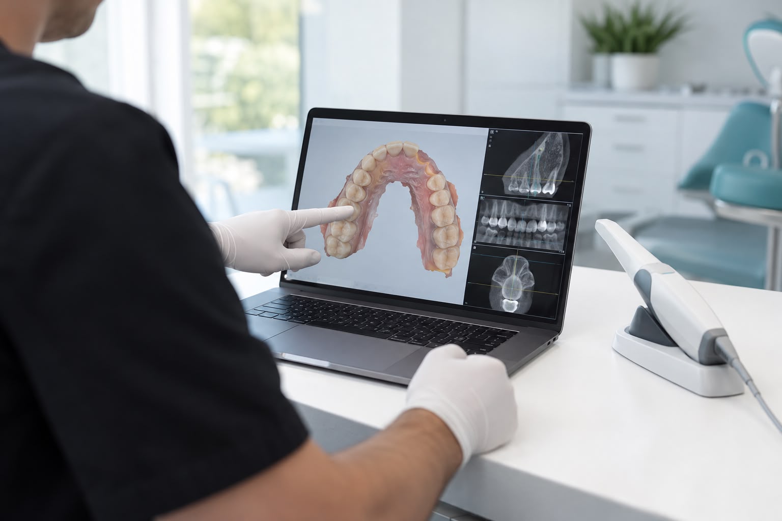 Dentist reviewing a digital 3D implant planning model